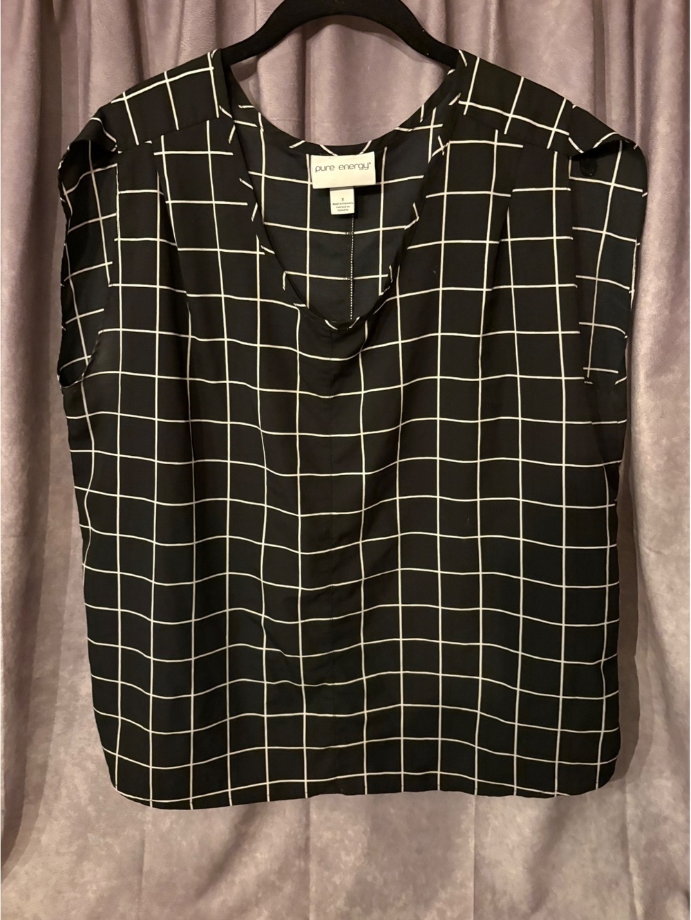 Pure Energy Black White Windowpane Grid Cowl Neck Blouse Top Women’s X
